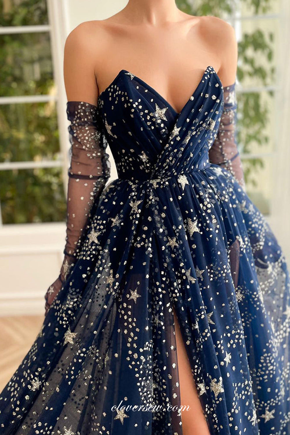 Navy Starry Night Glitter Tulle Strapless With Long Gloves A-line Prom Dresses, CP0984