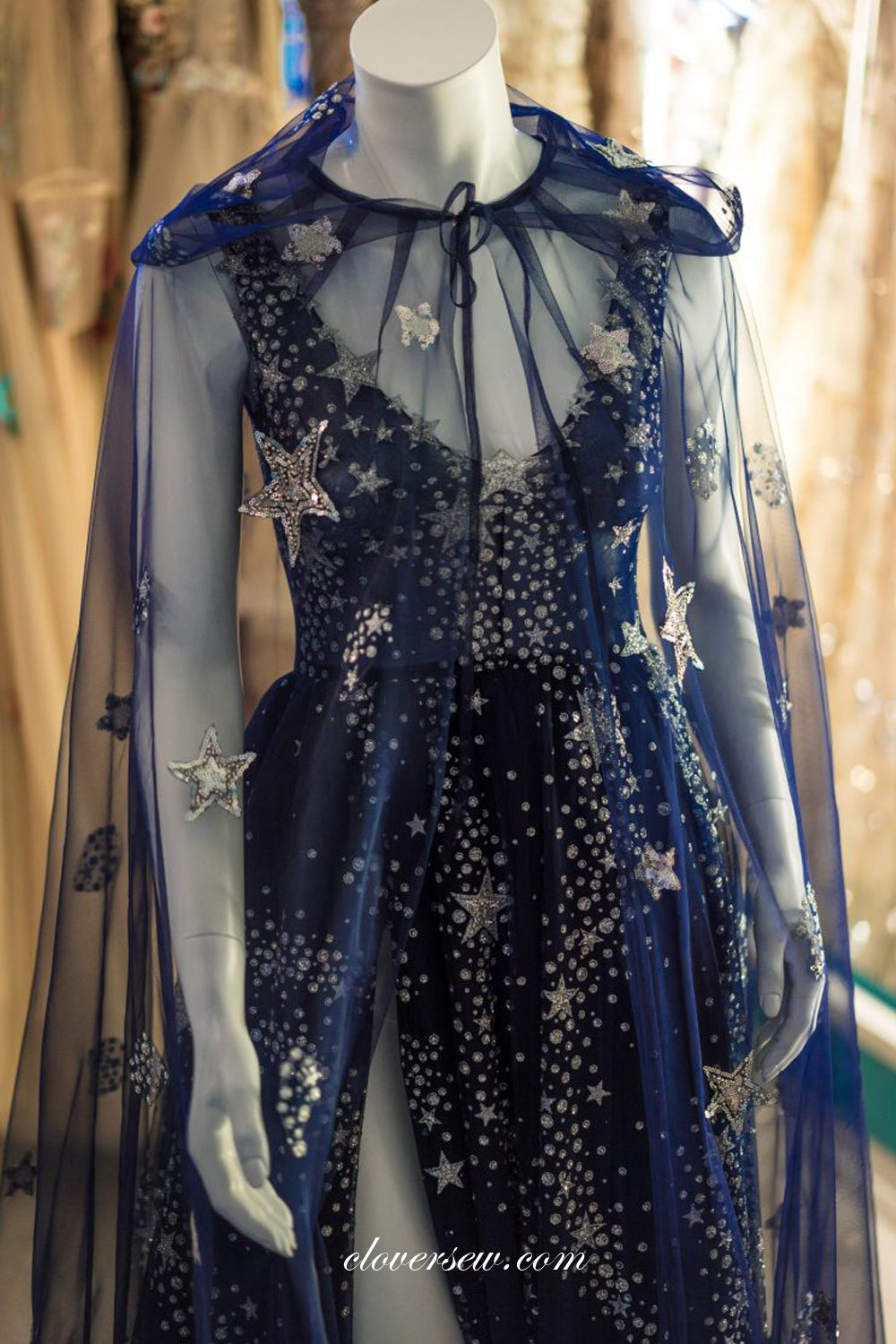 Navy Starry Night With Shawl High Site Prom Dresses, CP0691