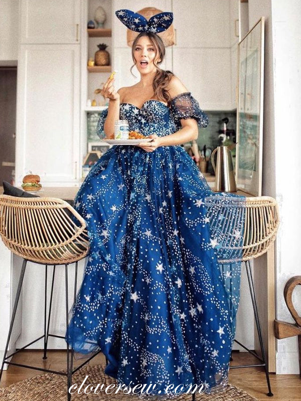 Navy Tulle Starry Night Off The Shoulder Prom Dresses, CP0690
