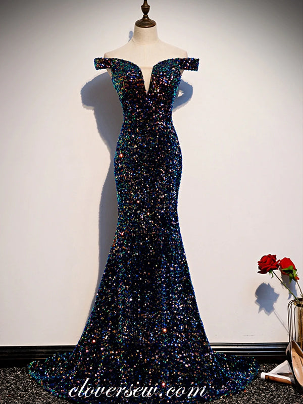 Navy Colorful Sequin Off The Shoulder Mermaid Prom Dresses,CP0421