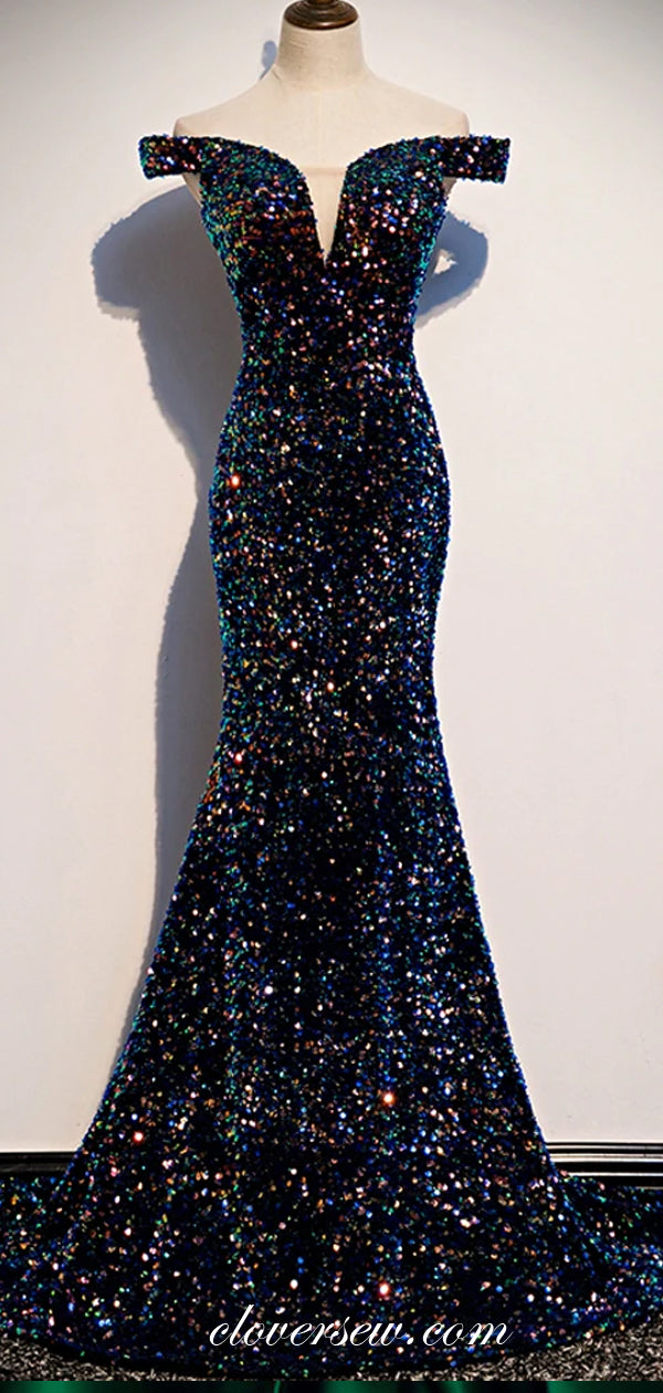 Navy Colorful Sequin Off The Shoulder Mermaid Prom Dresses,CP0421