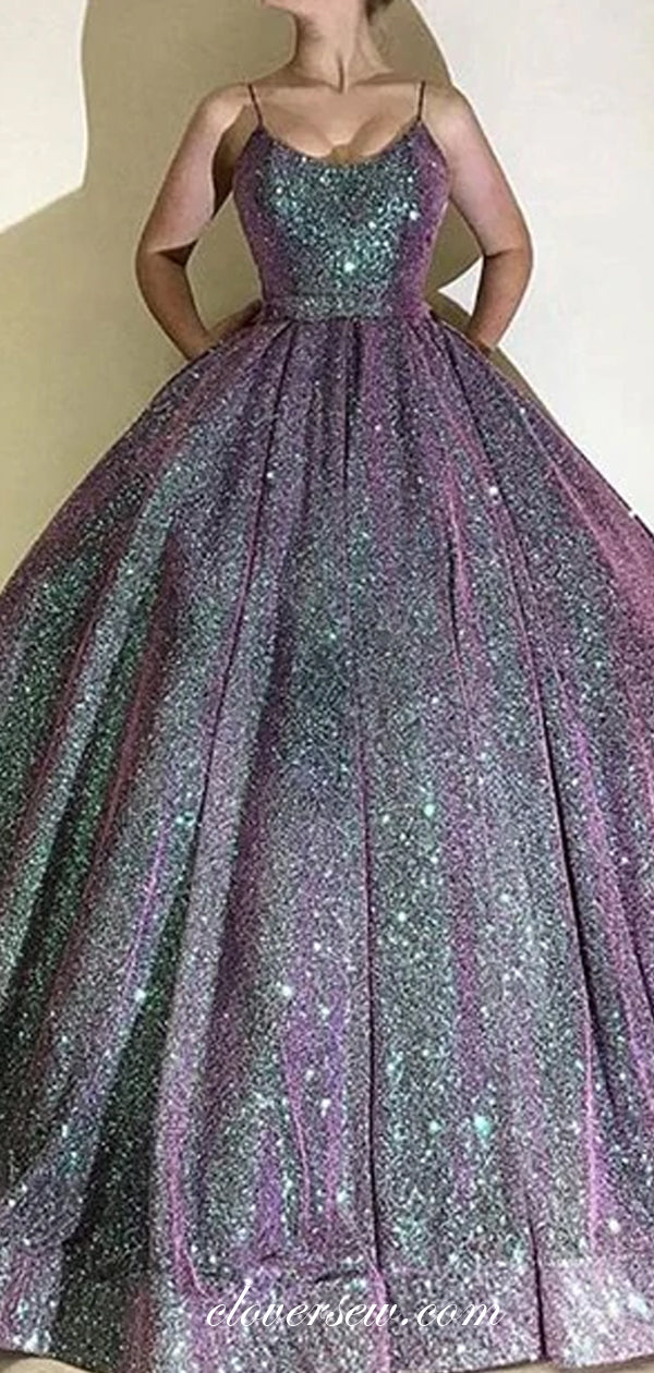 Navy Gradient Shiny Satin Spagehtti Strap Ball Gown Prom Dresses,CP0269