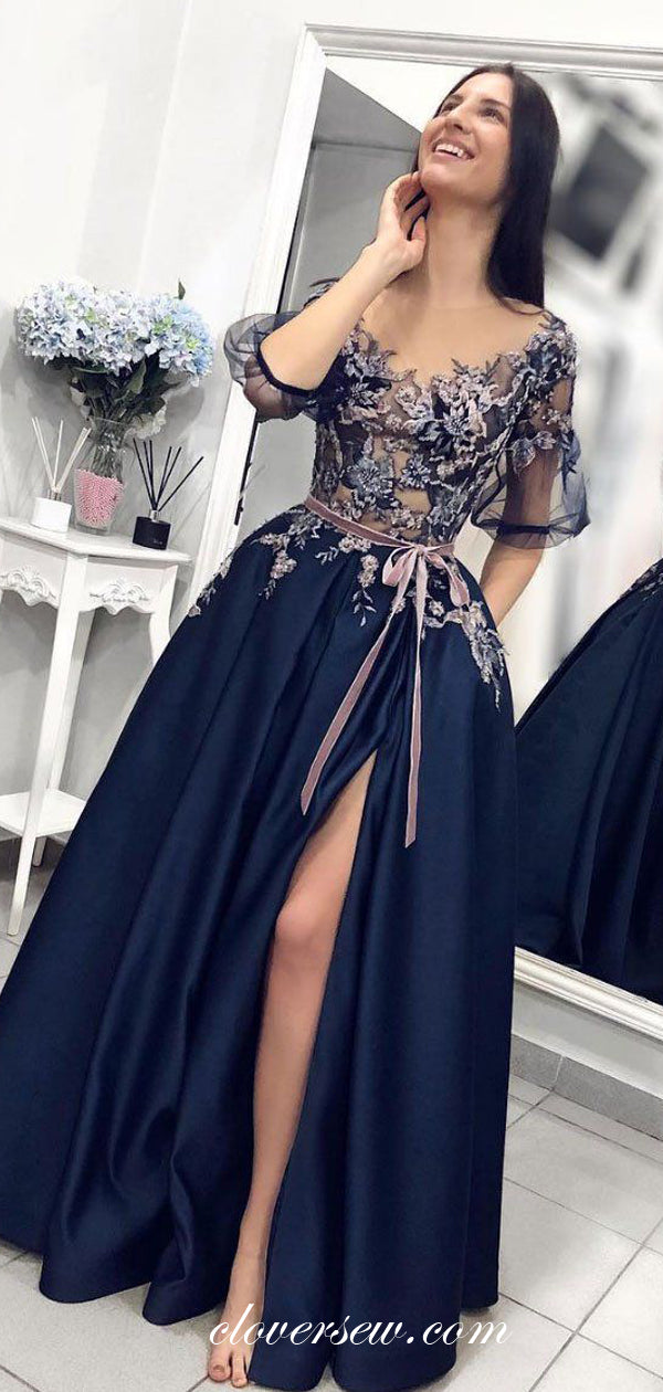 Navy Satin Tulle Appliques Half Sleeves Slit Prom Dresses, CP0011