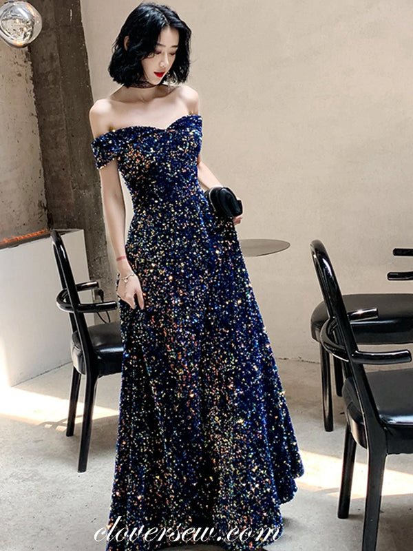 Navy Sequin Off The Shoulder Sheath Prom Dresses,CP0445