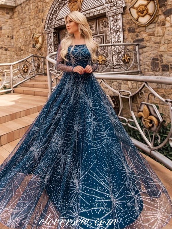 Navy Starry Night Lace Long Sleeves A-line Prom Dresses,CP0345