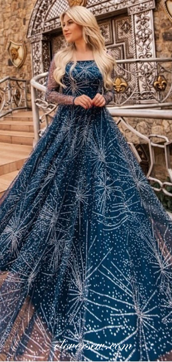 Navy Starry Night Lace Long Sleeves A-line Prom Dresses,CP0345
