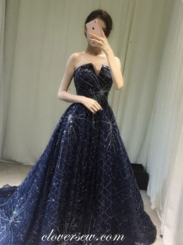 Navy Tulle Shiny Starry Lace Strapless A-line Prom Dresses,CP0355