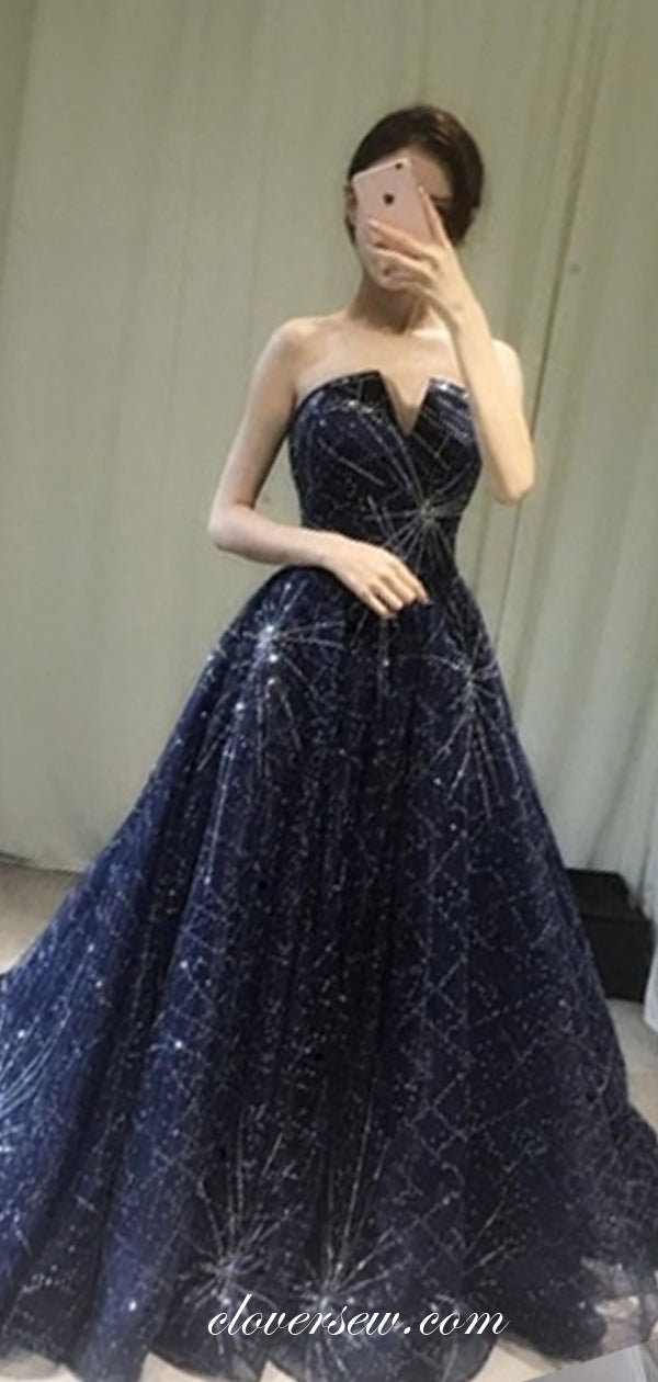 Navy Tulle Shiny Starry Lace Strapless A-line Prom Dresses,CP0355