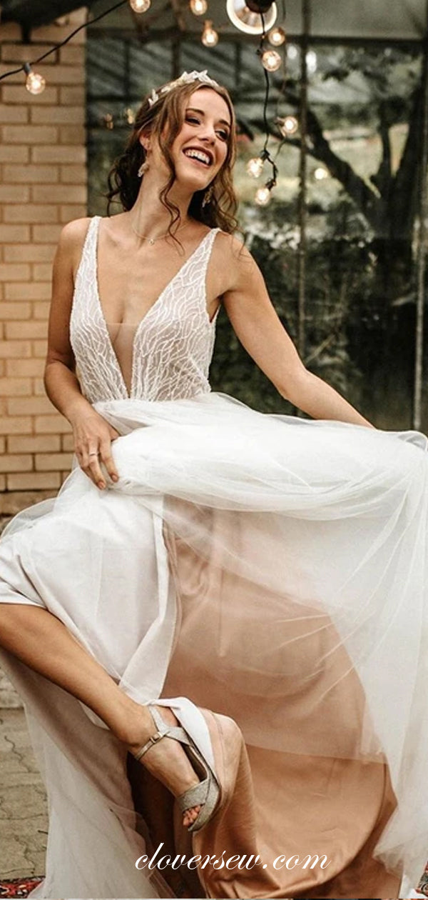 Nude Lining V-neck Side Slit Fashion Wedding Dresses, CW0203