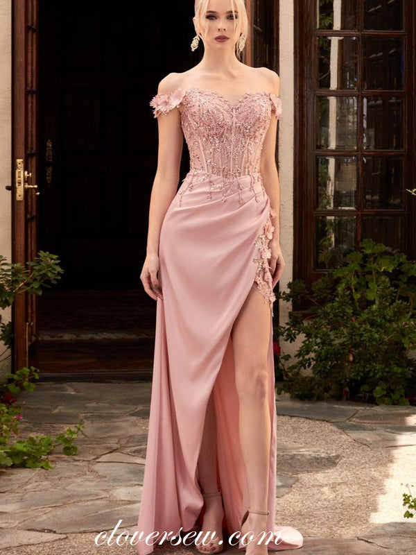Nude Pink 3D Applique Beaded Off The Shoulder Side Slit Prom Dresses, CP0904