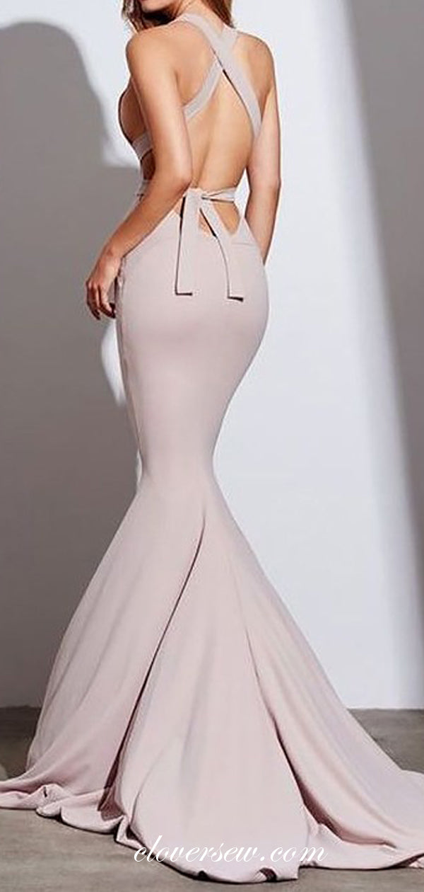 Nude Jersey Halter Backless Mermaid Evening Party Dresses, CP0113