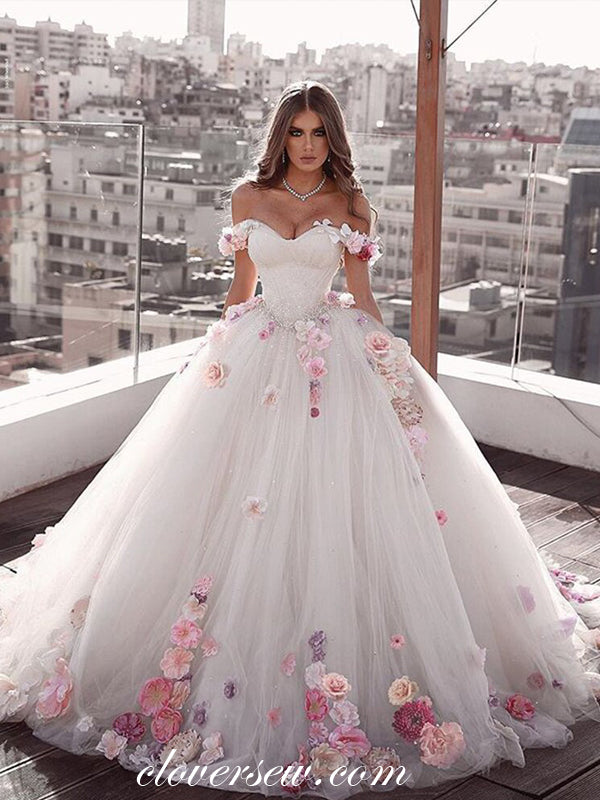Off The Shoulder 3D Floral Applique Ball Gown Wedding Dresses,CW0158
