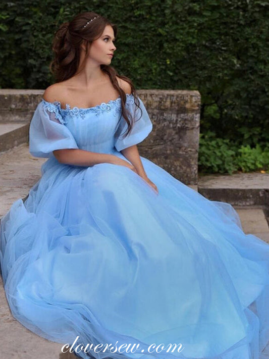 Off The Shoulder Blue Applique Tulle A-line Prom Dresses, CP0825