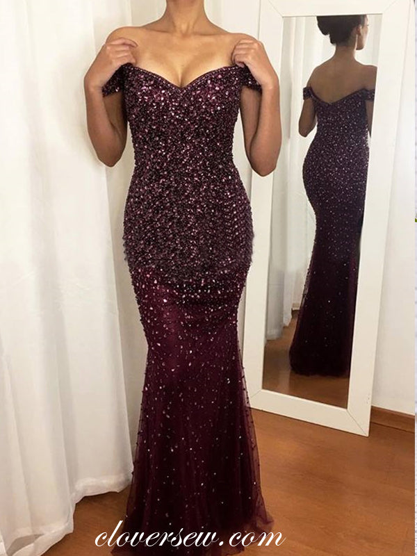 Off The Shoulder Grape Sequin Bead Mermaid Prom Dresses, CP0655