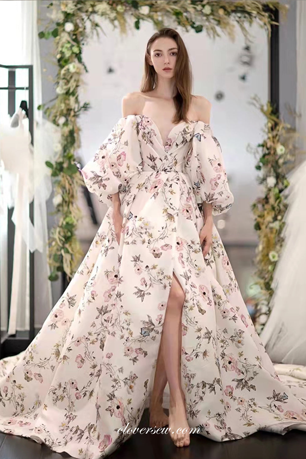Off The Shoulder Lantern Sleeves High Slit Floral Satin Spring Wedding Dresses, CW0305