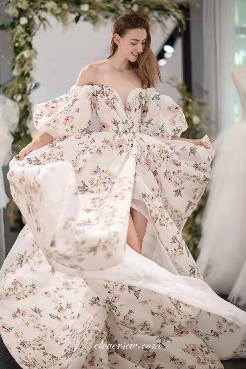 Off The Shoulder Lantern Sleeves High Slit Floral Satin Spring Wedding Dresses, CW0305