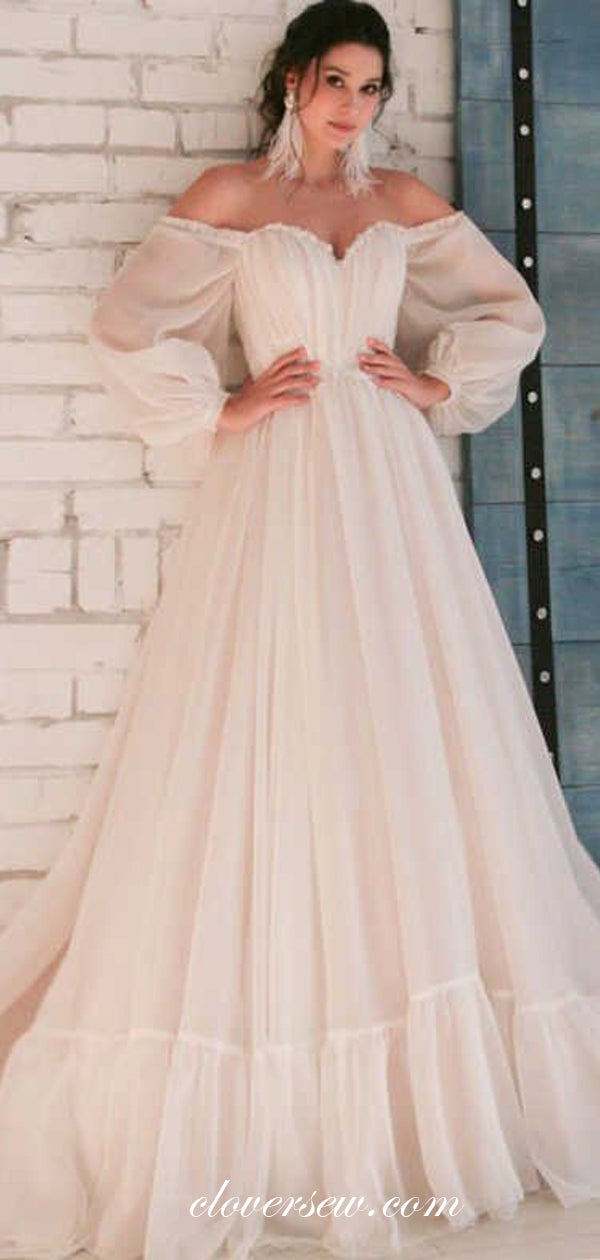 Off The Shoulder Long Puffy Sleeves Tulle A-ine Wedding Dresses,CW0116