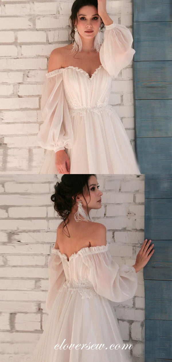 Off The Shoulder Long Puffy Sleeves Tulle A-ine Wedding Dresses,CW0116