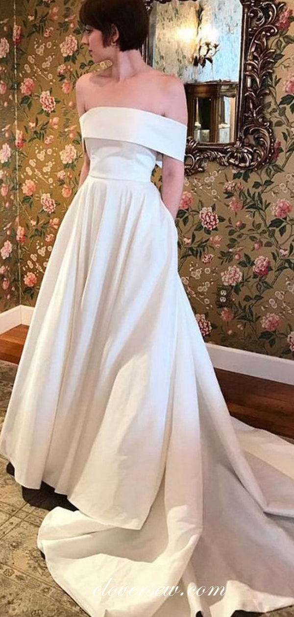 Off The Shoulder Satin A-line With Train Wedding DressesCW0159