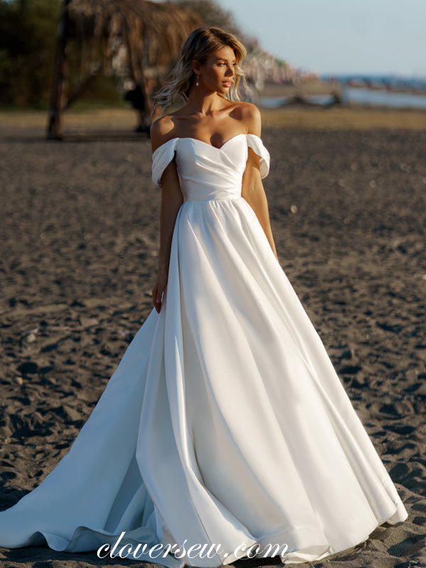 Off The Shoulder White Satin Pleating  Top A-line Wedding Dresses, CW0330