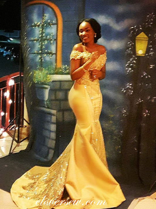 Off The Shoulder Yellow Satin Bead Applique Mermaid Prom Dresses, CP0551