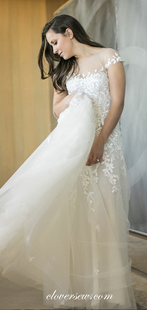 Off White Lace Tulle Cap Sleeves A-line Wedding Dresses ,CW0167