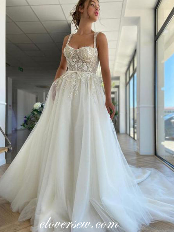 Off White Lace Tulle French A-line Sleeveless Wedding Dresses ,CW0289