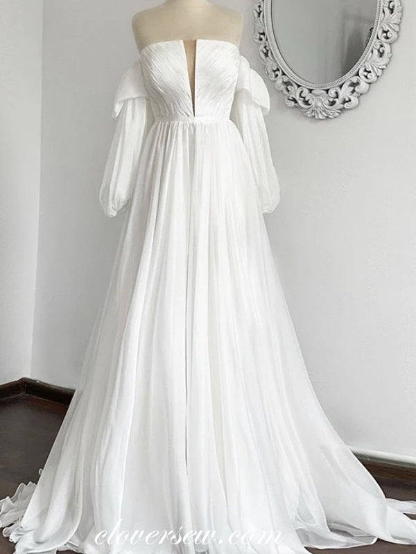 Off White Long Sleeves Off The Shoulder Boho Wedding Dresses, CW0208