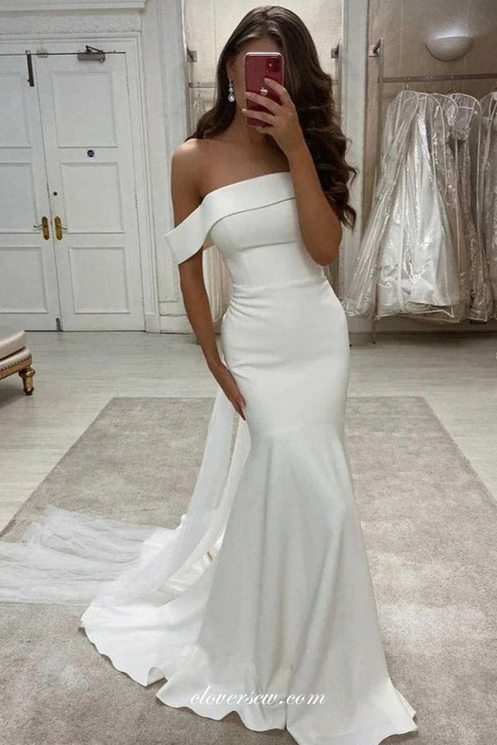 Off White Satin Simple Off The Shoulder Mermaid With Bowknot Train Wedding Dresses, CW0335