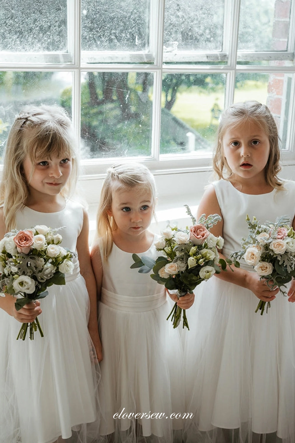 Off White Satin Tulle Sweet BowKnot Little Girl Flower Girl Dresses, CF0010