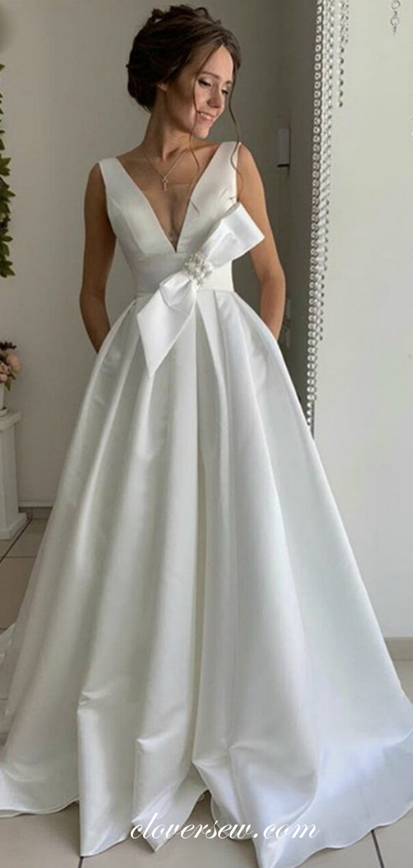 Off White Satin V-neck Backless A-line Wedding Dresses ,CW0126