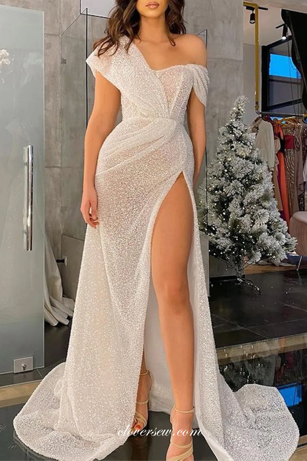 Off White Sequin Shiny Fashion Sheath With High Slit Evening Dresses, CP0778