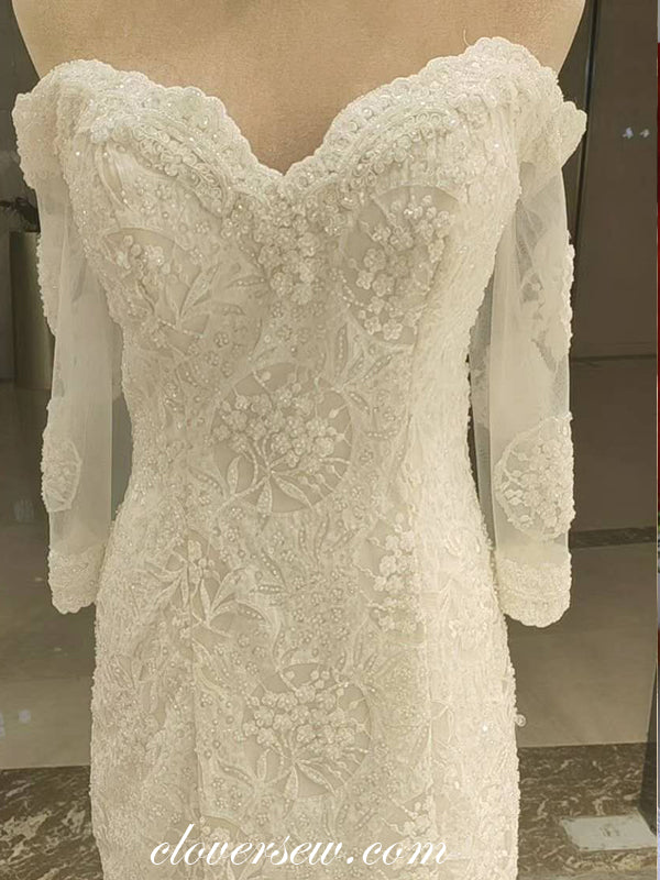 Off The Shoulder Long Sleeves Bead Lace Mermaid Wedding Dresses ,CW0083