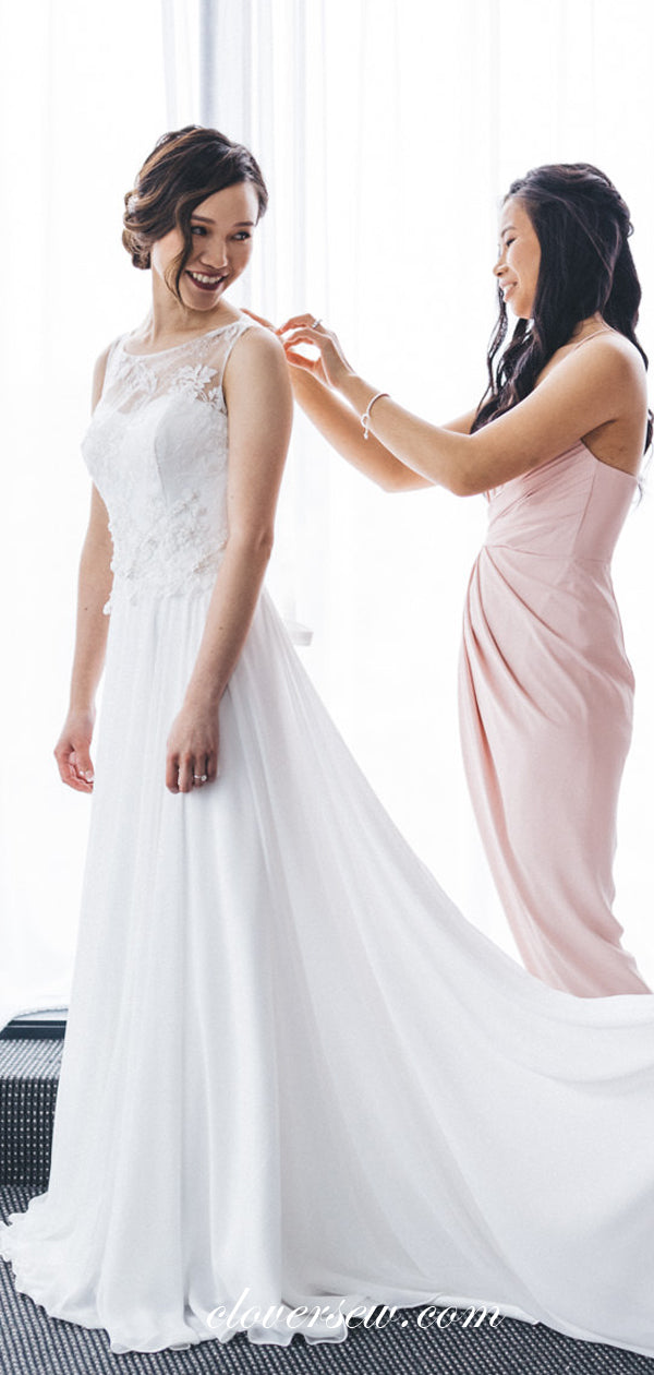 Off White Chiffon Lace Keyhole Open Back A-line Wedding Dresses , CW0019
