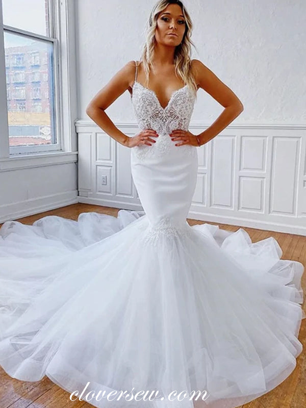 Off White Lace Tulle Mermaid Spaghetti Strap Elegant Wedding Dresses,CW0099