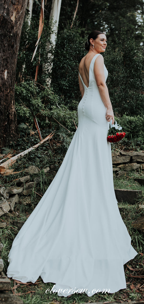 Off White Satin V-back Mermaid With Train Simple Wedding Dresses, CW0035