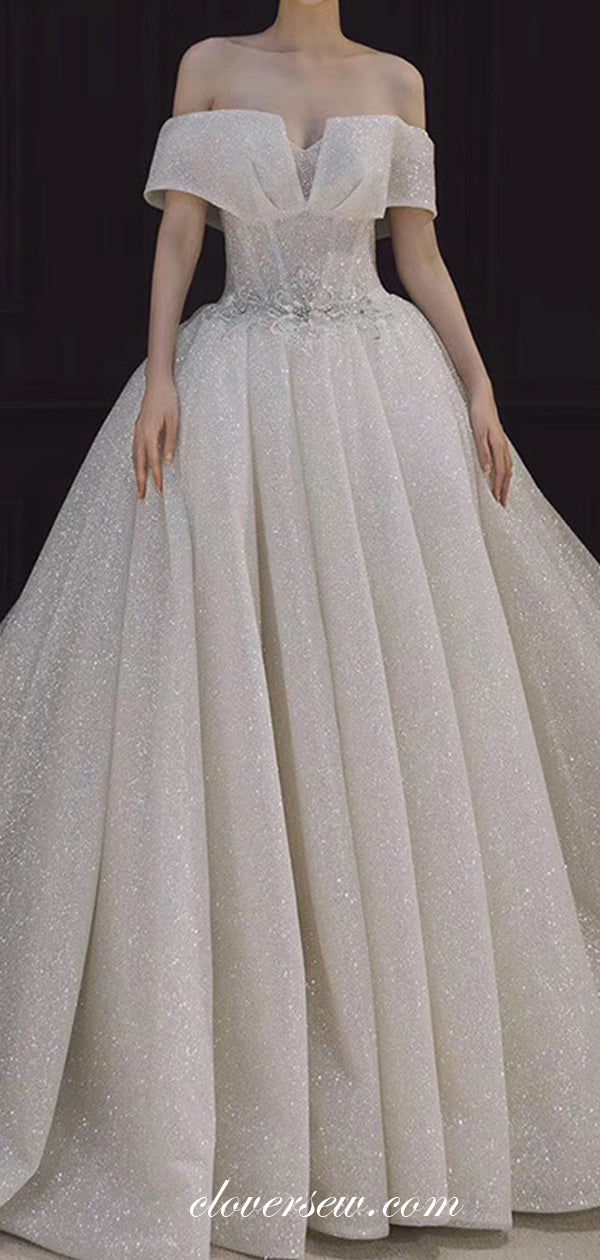 Off White Sequin Tulle Off The Shoulder Ball Gown Fashion Wedding Dresses, CW0074