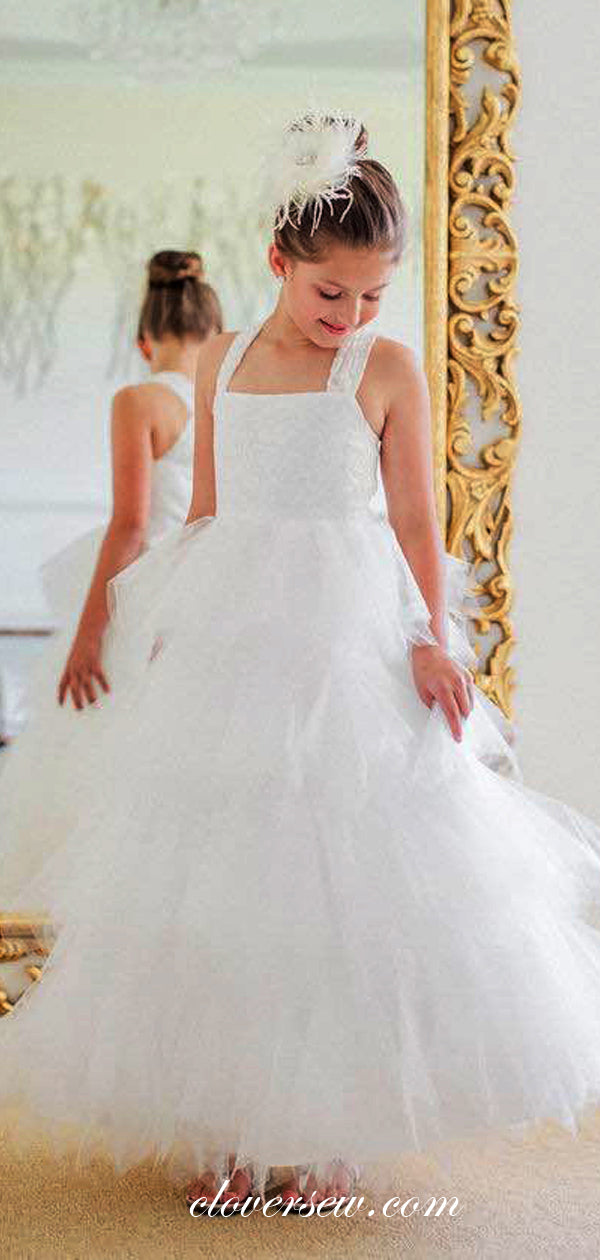 Off White Tulle Square Neck Tiered A-line Flower Girl Dresses, CF0004