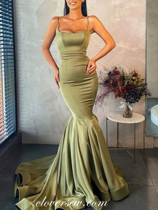 Olive Green Mermaid Spaghetti Strap Square Neck Prom Dresses, CP0705