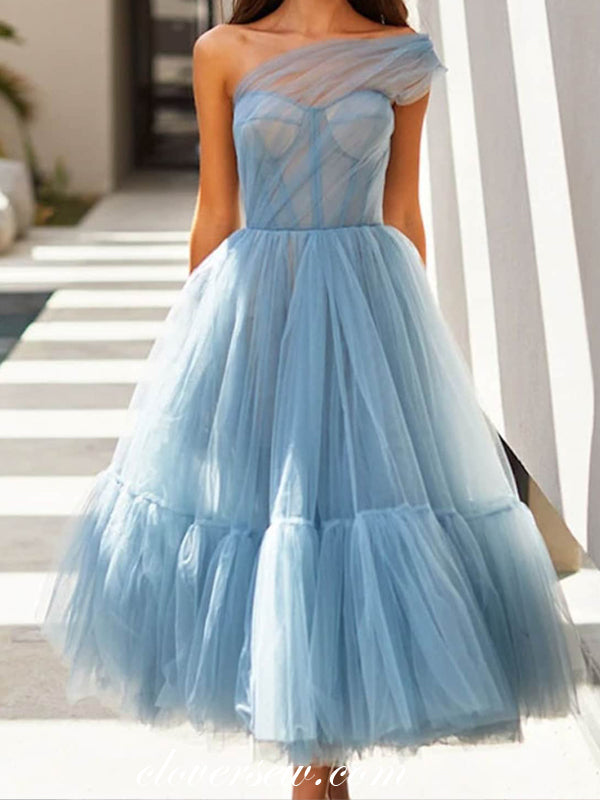 One Shoulder Blue Tulle Lace Up Back A-line Tea Length Prom Dresses, CP0791