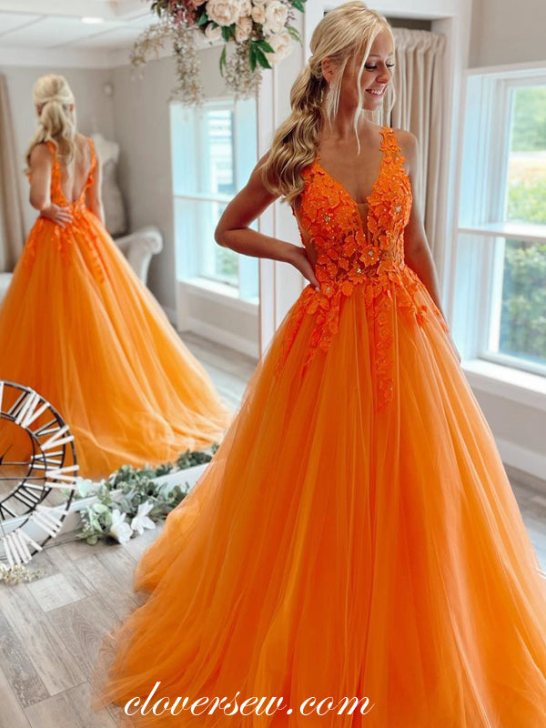 Orange Applique Tulle V-neck Sleeveless Open Back Prom Dresses, CP0891
