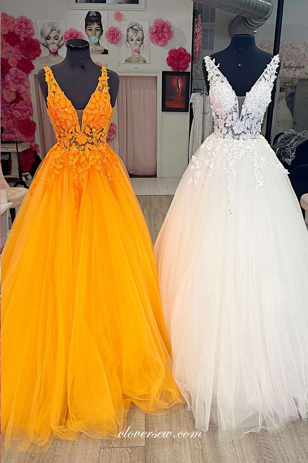 Orange Applique Tulle V-neck Sleeveless Open Back Prom Dresses, CP0891