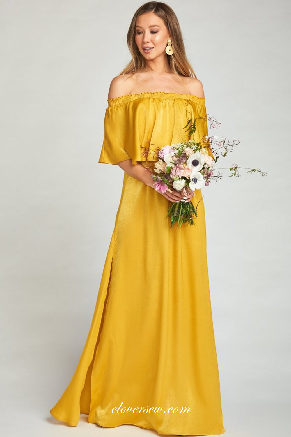 Orange Chiffon Convertible Stylish Off The Shoulder Column With Slit Bridesmaid Dresses, CB0284