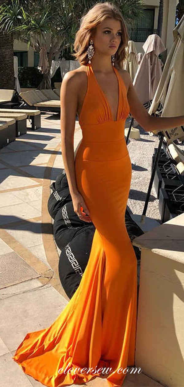 Orange Jersey Halter Sexy Mermaid Backless Party Dresses, CP0565