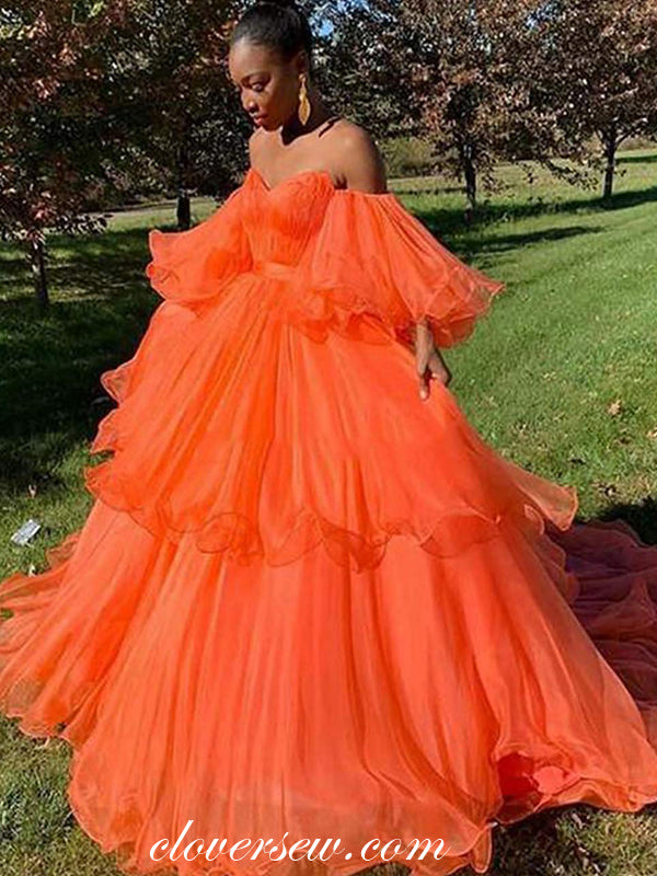 Orange Organza Puffy Sleeves Sweetheart Off The Shoulder Prom Dresses, CP0554