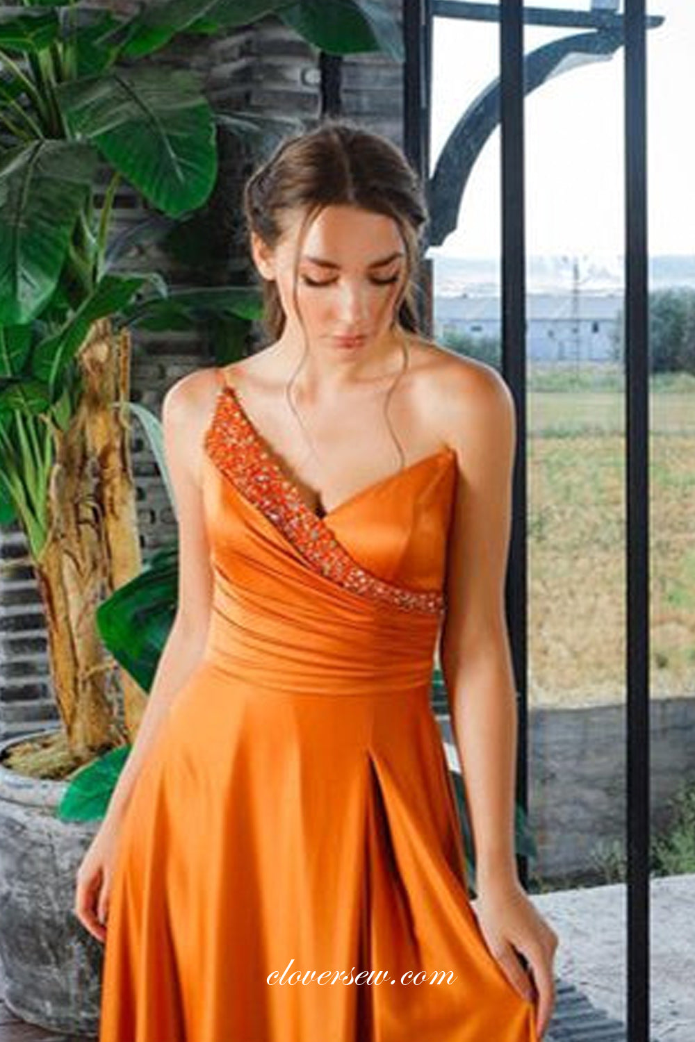 Orange Satin One Shoulder V-neck A-line With Slit Prom Dresses, CP0991