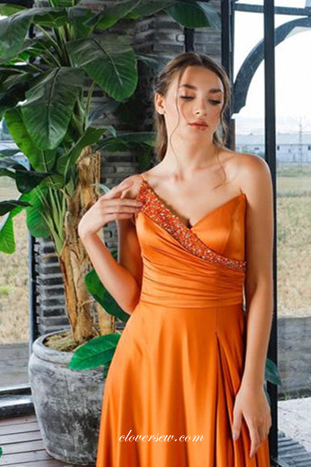 Orange Satin One Shoulder V-neck A-line With Slit Prom Dresses, CP0991