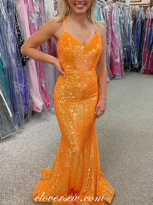 Orange Sequin Spaghetti Strap Lace Up Back Mermaid Prom Dresses, CP0894