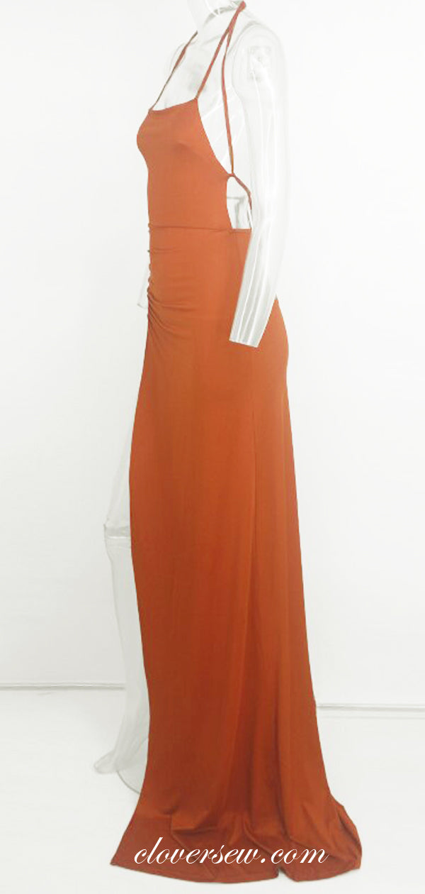 Orange Spaghetti Strap Halter Backless Sexy Evening Party Dresses, CP0558
