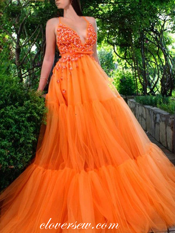 Orange 3D Applique Tulle Sleeveless A-line Prom Dresses,CP0149